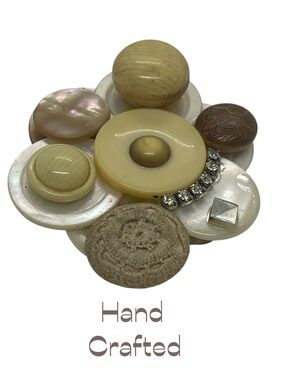 Hand Crafted Antique Cream Tan Resin Rhinestone Button Brooch NWT